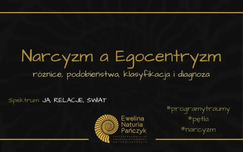 Grafika o tytule "Narcyzm a Egocentryzm" omawia różnice, podobieństwa, klasyfikację i diagnozę. Spektrum: JA, RELACJE, ŚWIAT. #narcyzm.