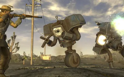 Un personaje con rifle dispara a robots en el desierto. ¡Descubre trucos de Fallout: New Vegas para sobrevivir!