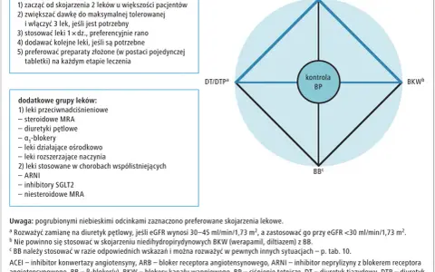 Schemat leczenia nadciśnienia: preferowane skojarzenia leków przeciwnadciśnieniowych (ACEI/ARB, DTP, BKW, BB) dla kontroli BP.