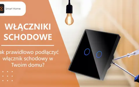 Schemat podłączenia wyłącznika schodowego. Nowoczesny, czarny włącznik z niebieskim podświetleniem i narzędzia do montażu.