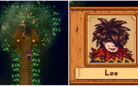 Encuentra a Leo en Stardew Valley, rodeado de loros en un árbol frondoso. A su lado, su retrato pixelado con una sonrisa traviesa.
