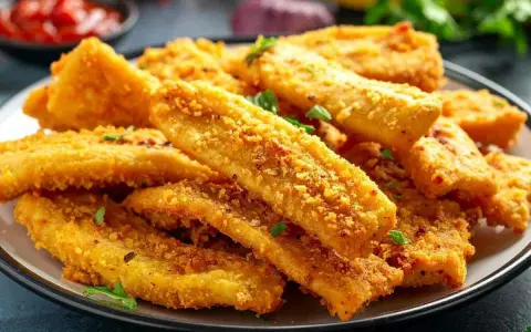 Bastoncini croccanti di zucchine in friggitrice ad aria, dorati e saporiti, guarniti con prezzemolo fresco.