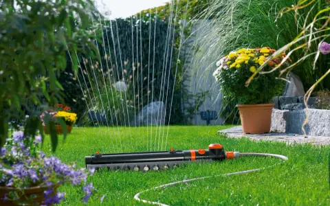 Sistema de riego automático Gardena en césped verde, con flores amarillas y moradas al fondo.