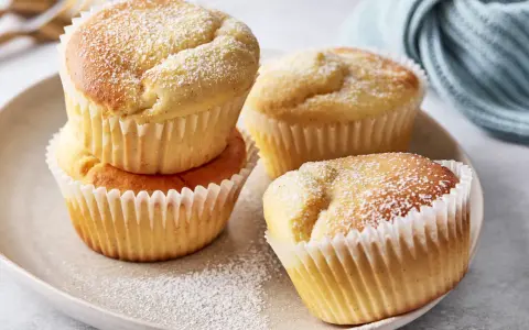 Saftige Quark Muffins, mit Puderzucker bestäubt, auf einem Teller arrangiert. Ein köstlicher Genuss!