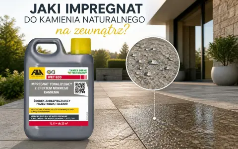 Butelka impregnatu do kamienia naturalnego na zewnątrz. Kropelki wody na kamieniu pokazują efekt hydrofobowy.