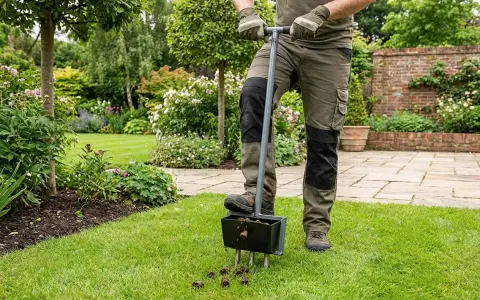 Gartenarbeit nach dem Winter: Ein Mann belüftet den Rasen mit einem speziellen Werkzeug, um ihn für die neue Saison vorzubereiten.