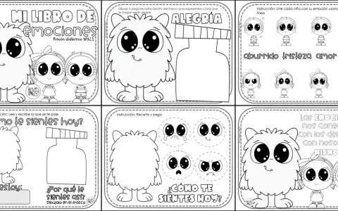 Páginas para colorear de "Mi libro de emociones" con monstruos y niños, ideales para aprender sobre caras y emociones para imprimir.