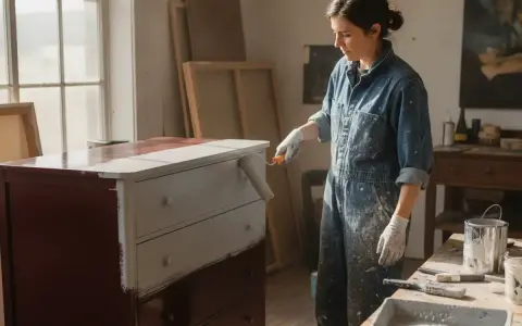 Une femme en salopette bleue est en train de laquer un meuble en bois, appliquant une peinture blanche sur le dessus d'une commode bordeaux.