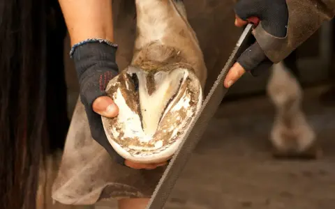 Un maréchal-ferrant lime la fourchette d'un cheval, s'assurant que le sabot est sain et sans pourriture.