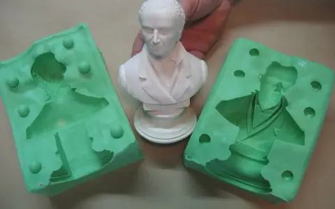 Making silicone molds for resin casting. A white bust is held between two green silicone molds, ready to capture its detail.
