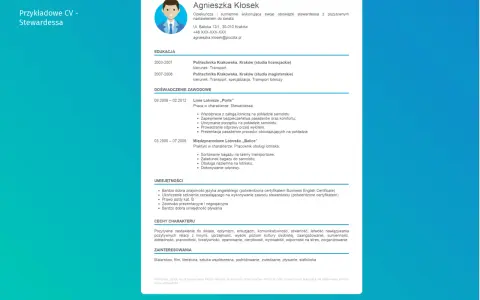 CV stewardessy Agnieszki Kłosek z doświadczeniem w liniach lotniczych i na lotnisku.