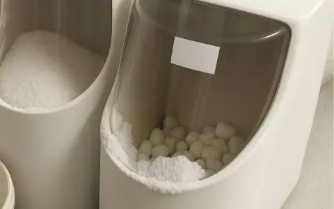 Deux bacs blancs remplis de sel pour adoucisseur d'eau, l'un en poudre, l'autre en pastilles.