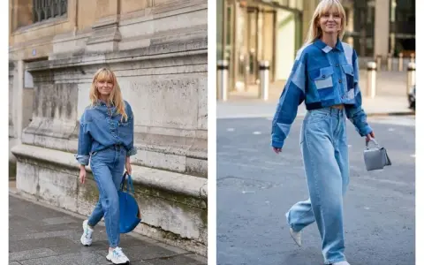 Deux femmes adoptent un look total denim, rappelant le style années 80. L'une porte une chemise oversize et un jean, l'autre une veste courte patchwork et un jean large.