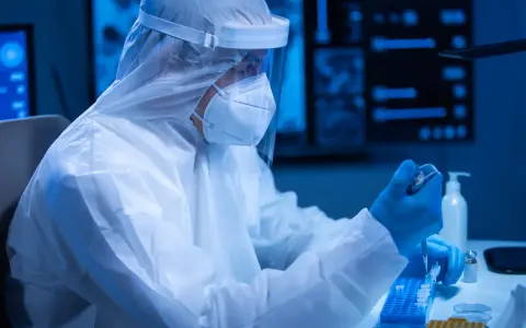 Badacz w kombinezonie ochronnym pracuje w laboratorium, przygotowując próbki. Czas oczekiwania na wynik badania PCR może być różny.