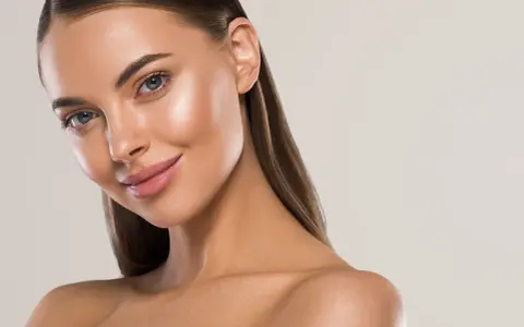 Visage d'une femme au teint hâlé, avec des yeux bleus et des lèvres roses. Elle sourit légèrement, suggérant une peau parfaite pour comment bronzer rapidement.