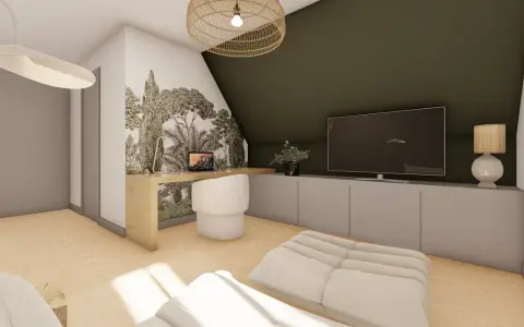 Bureau dans une chambre mansardée d'un coté, avec un mur végétal, une TV et un fauteuil confortable.