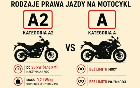 Kategorie A2 i A prawa jazdy na motor 125. A2: do 35 kW, A: bez limitu mocy i pojemności.