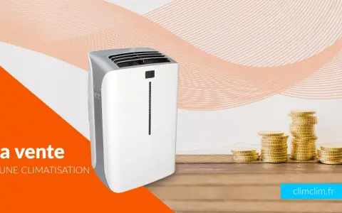 Climatisation en vente, profitez d'une longue durée garantie pour votre confort. Des piles de pièces d'or symbolisent l'économie.