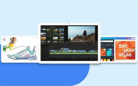 Drei Tablets zeigen Apps für Design, Videobearbeitung und Grafikgestaltung.