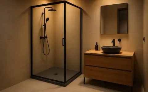 Moderno bagno con box doccia angolare e piatto doccia nero. Mobile lavabo in legno con lavabo nero e specchio.