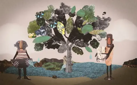 Figuras humanas de collage junto a un árbol garoe, recogiendo agua de lluvia.