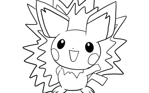 Pichu kolorowanka z iskrzącym tłem. Uroczy Pikachu, gotowy do pokolorowania, macha łapką.