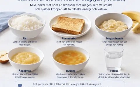 Mogen banan, ris, rostat bröd och äppelmos är bra vid magsjuka. Banan ger energi och näring.