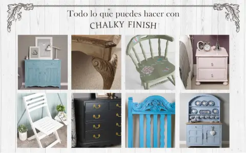 Muebles renovados con chalk paint: cómoda azul, silla decorada, mesita de noche rosa, cómoda negra, cabecero azul y aparador.