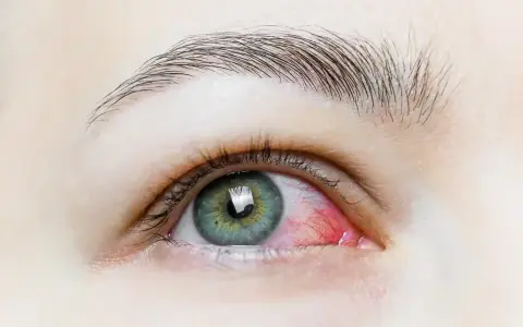 Occhio rosso e irritato, con evidente infiammazione. Possibili sintomi di infezione oculare.