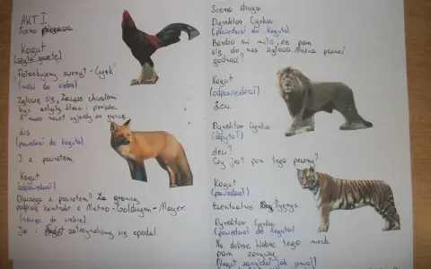 Dramaty mrożka alfabetycznie: Kogut, Lis, Lew, Tygrys. Scenariusz cyrkowy z zabawnymi dialogami zwierząt.