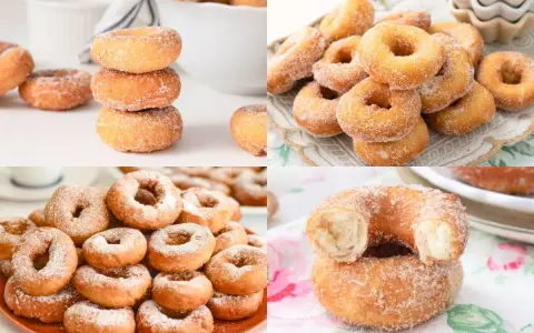 Montaje de rosquillas caseras de toda la vida, doradas y espolvoreadas con azúcar. Un placer para la vista y el paladar.