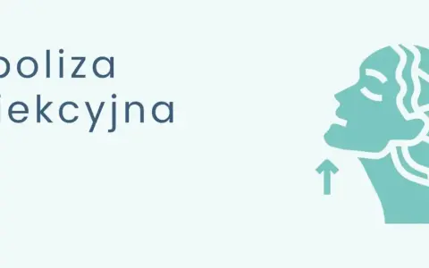 Grafika przedstawia profil twarzy z zaznaczonym podbródkiem i strzałką skierowaną ku górze, symbolizującą zabieg. Tekst: "Lipoliza iniekcyjna zalecenia po zabiegu".