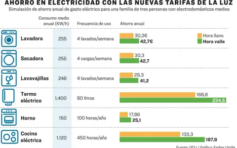 Tabla muestra ahorro anual en electricidad por electrodoméstico, comparando tarifas. Un buen **horario para ahorrar luz** es clave.
