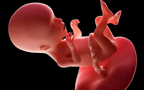 Płód w 17 tygodniu ciąży, z widocznymi rączkami, nóżkami i pępowiną. Rozwija się w łonie matki.