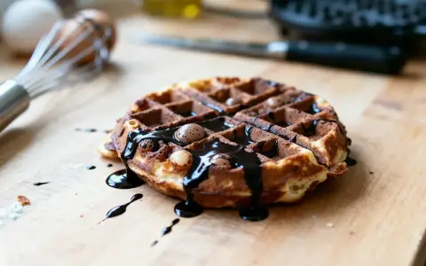 Gaufre au chocolat dégoulinant, saupoudrée de cacao. Un délice gourmand prêt à être dégusté.