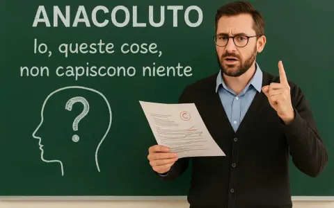 Un professore mostra un foglio con un "C" e una frase scritta alla lavagna: "ANACLUTO, io, queste cose, non capiscono niente".