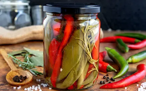 Eingelegter Peperoni im Glas, eine Methode, um sie haltbar zu machen. Mit Rosmarin und Gewürzen.