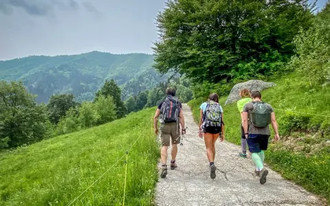 Un gruppo di amici fa trekking vicino Milano, immersi nel verde lussureggiante delle colline.