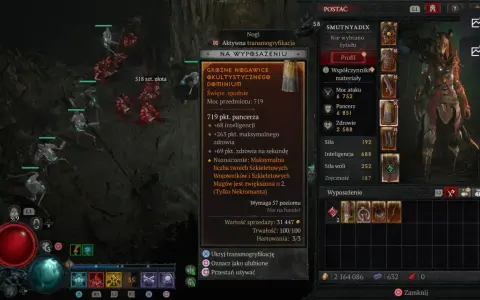 Diablo 4: Nekromanta build PL. Postać w zbroi, z szkieletami u boku. Ekran ekwipunku pokazuje spodnie z bonusem do przywołań.