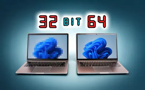 Zwei Laptops zeigen Windows 11. Links ist die pixelige Darstellung von Windows 11 32 bit, rechts die klare Version.