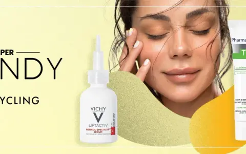 Super trendy skin cycling: modelka z zamkniętymi oczami, kosmetyki z retinolem od Vichy, Pharmaceris i Resibo.
