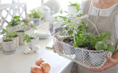 Osoba w fartuchu niesie koszyk z młodymi ziołami. Na blacie kuchennym leżą cebule i czosnek, tworząc domowy zielnik.