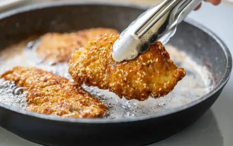 Une escalope de dinde panée aux graines de sésame est retournée dans une poêle avec de l'huile chaude.