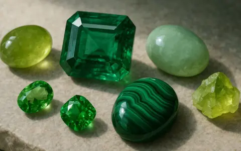 A collection of green gemstones, including a large emerald, showcasing the emerald meaning spiritual connection and growth.