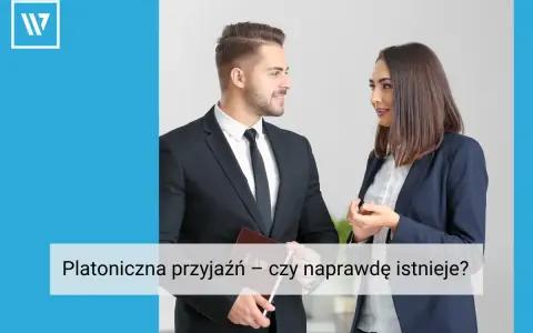 Mężczyzna i kobieta w garniturach rozmawiają, dyskutując o tym, czy istnieje relacja platoniczna.