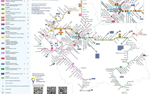 Mapa kolejowa Małopolski z nowym rozkładem jazdy. Schemat linii komunikacyjnych Kolei Małopolskich.