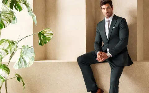 A man in a sharp green suit and black shirt poses confidently next to a lush plant.