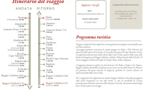 Itinerario del treno storico da Paola a Reggio Calabria, con tappe a Tropea, Scilla e altri borghi.