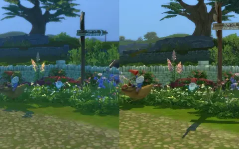 Porównanie grafiki w Sims 4 z różnymi sims 4 shaders. Widać krasnala na kurczaku i kwiaty.