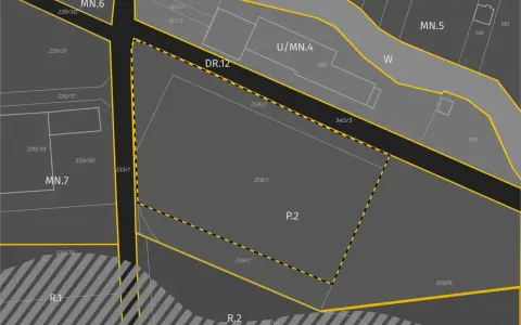 Mapa ewidencyjna z oznaczeniem użytku b, działki P.2, DR.12, MN.5, MN.6, MN.7, U/MN.4, R.1, R.2.